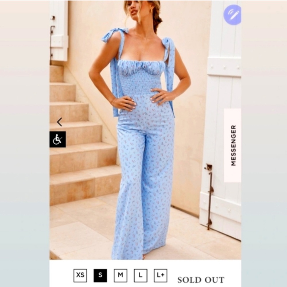 Lana blue shirred tie shoulder floral jumpsuit